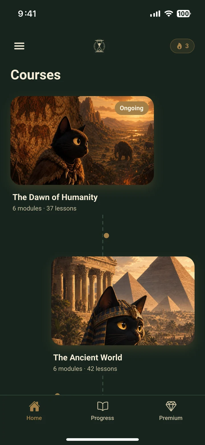 The Chronos Courses screen: the nine courses as covers, the one in progress marked Ongoing